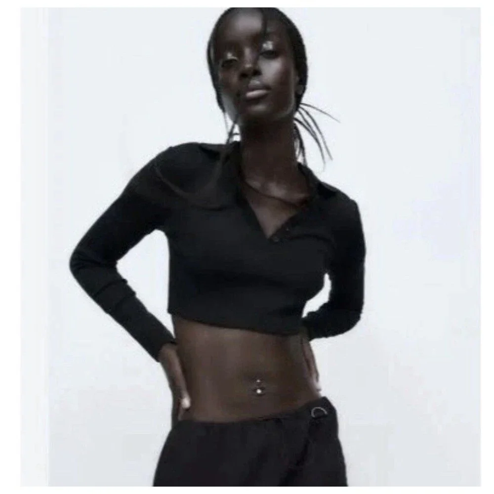 Zara Women's Collared Ribbed Black Crop Top Long Sleeve Size Small Casual